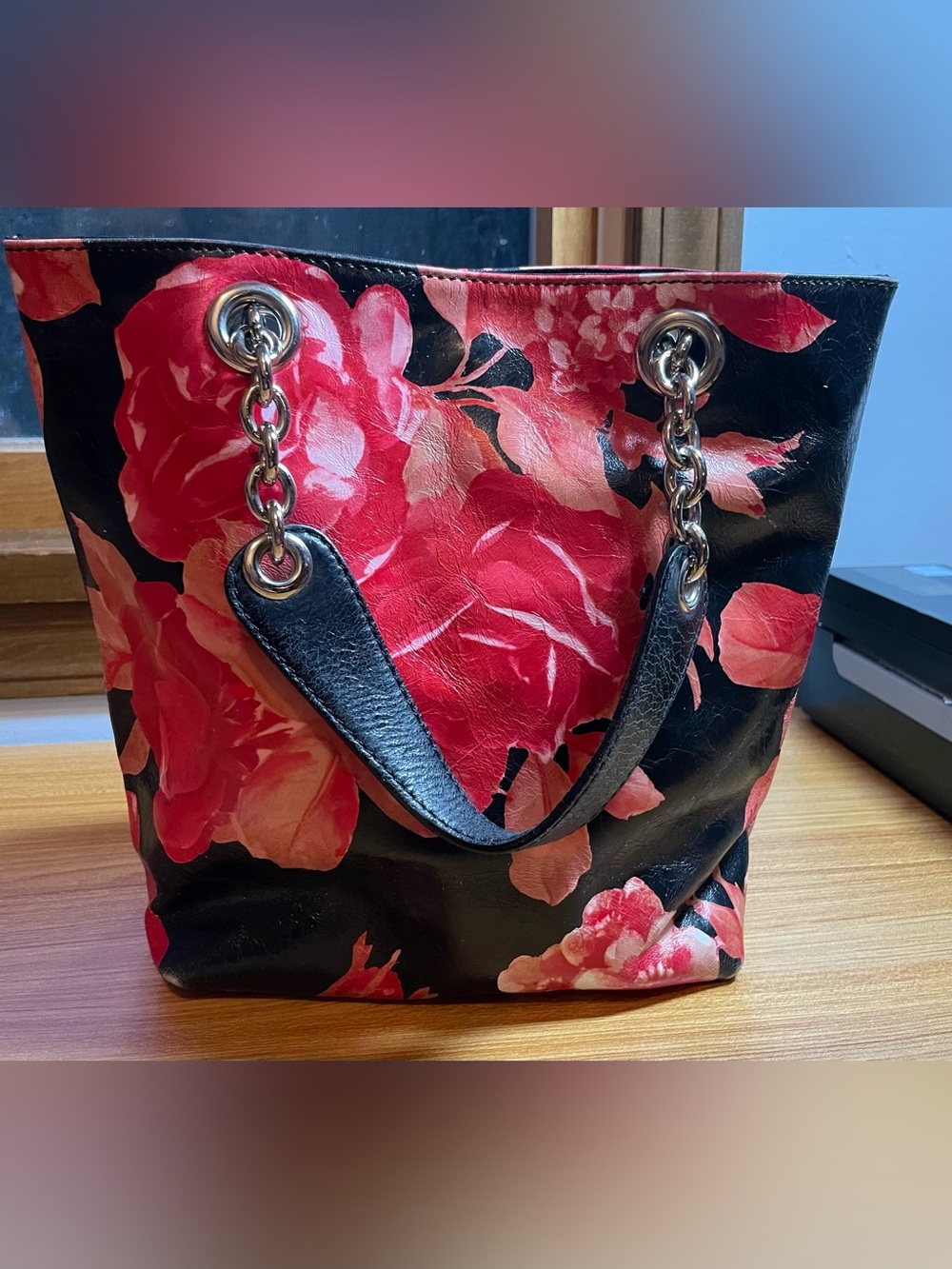 Maurizio Taiuti Black Mini Tote with Red Floral Print and Chain Handles